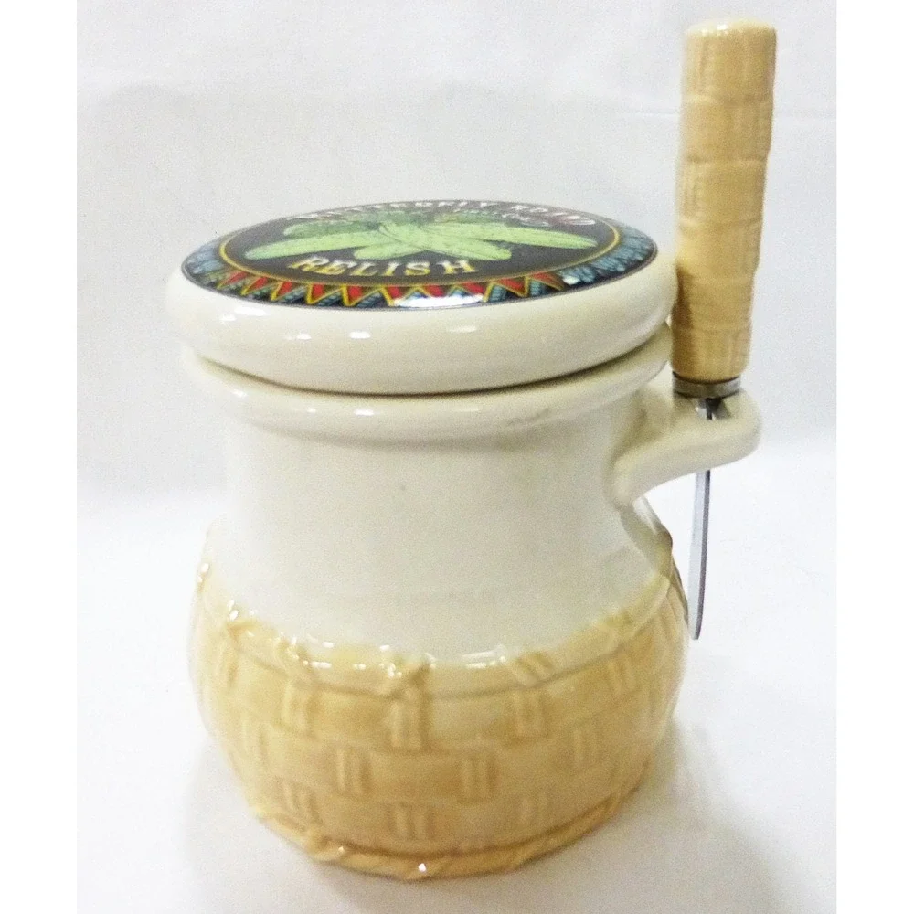 Vtg Shafford porcelain relish jar with Lid & knife 1984 japan country whimsical
